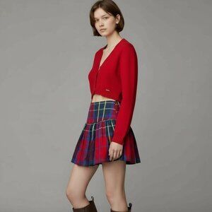 Y2K Hollister Plaid Mini Skirt NWT + Cropped Red Cardigan EUC Preppy 2PC OUTFIT
